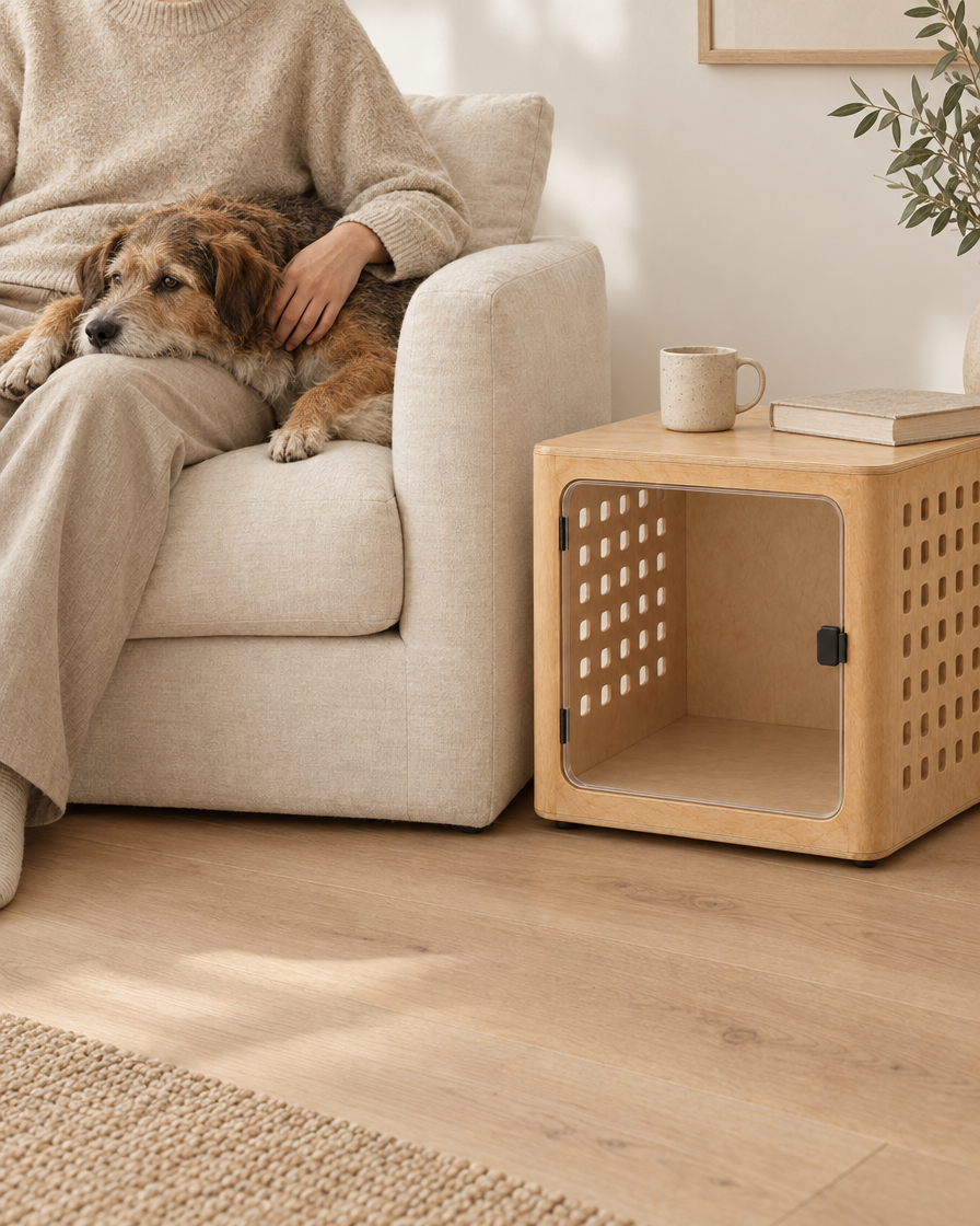 A person in a knit jumper sits on a cream sofa with a scruffy dog on their lap beside a plywood crate used as a side table.
