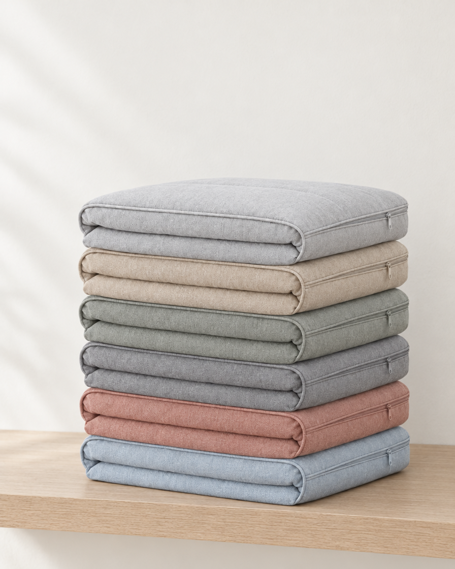 A neat stack of six folded dog-bed covers in grey, beige, sage, slate, clay and blue on a pale oak shelf.