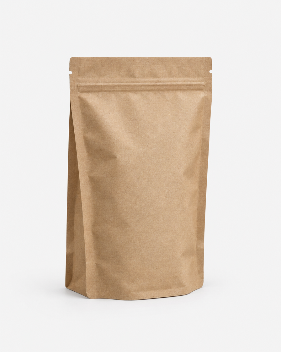A plain kraft-paper resealable pouch of dried chicken training treats standing upright on a light grey background.
