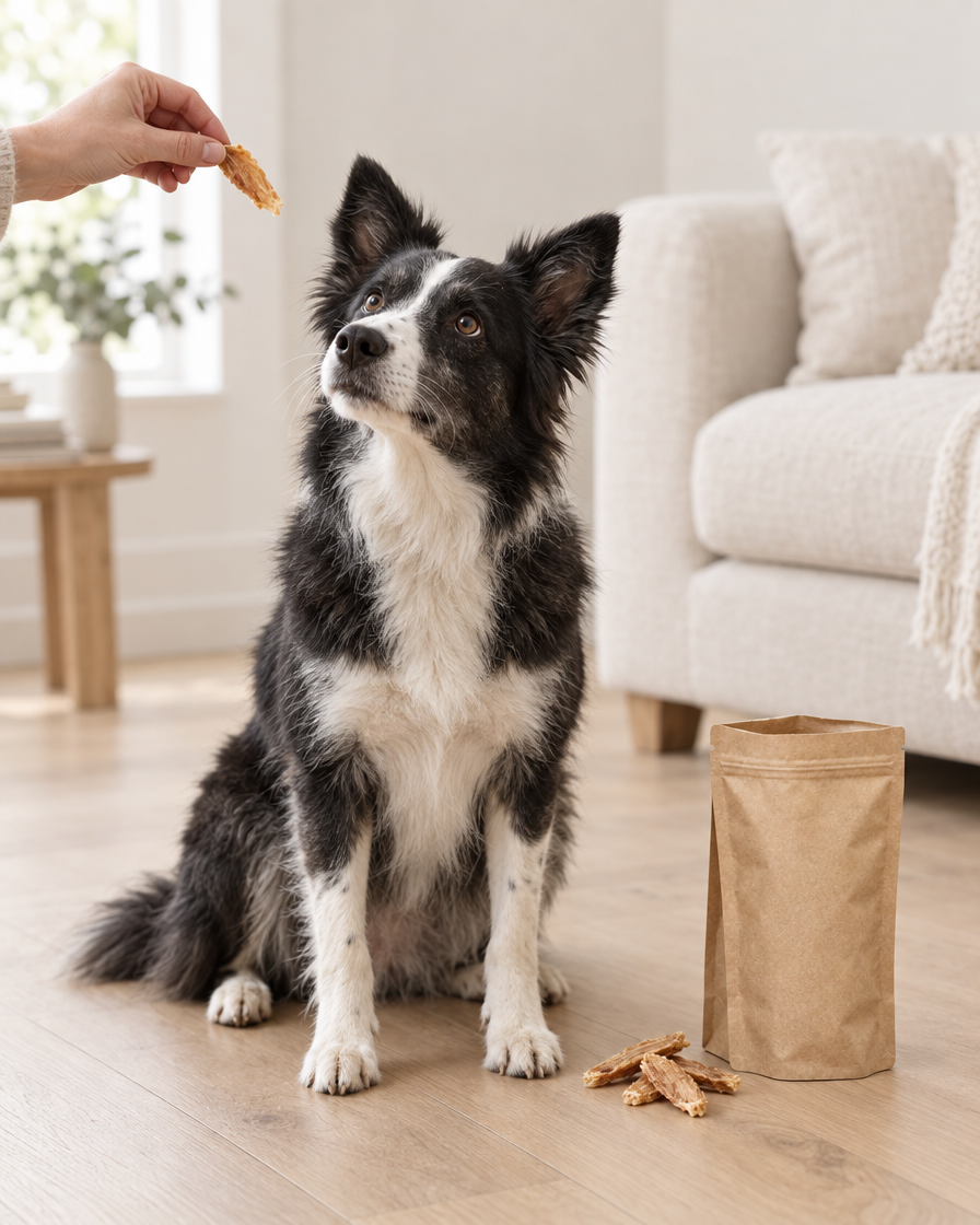 A border collie mix sits on an oak floor looking up at a hand offering a dried chicken treat, with the kraft treat pouch beside it.