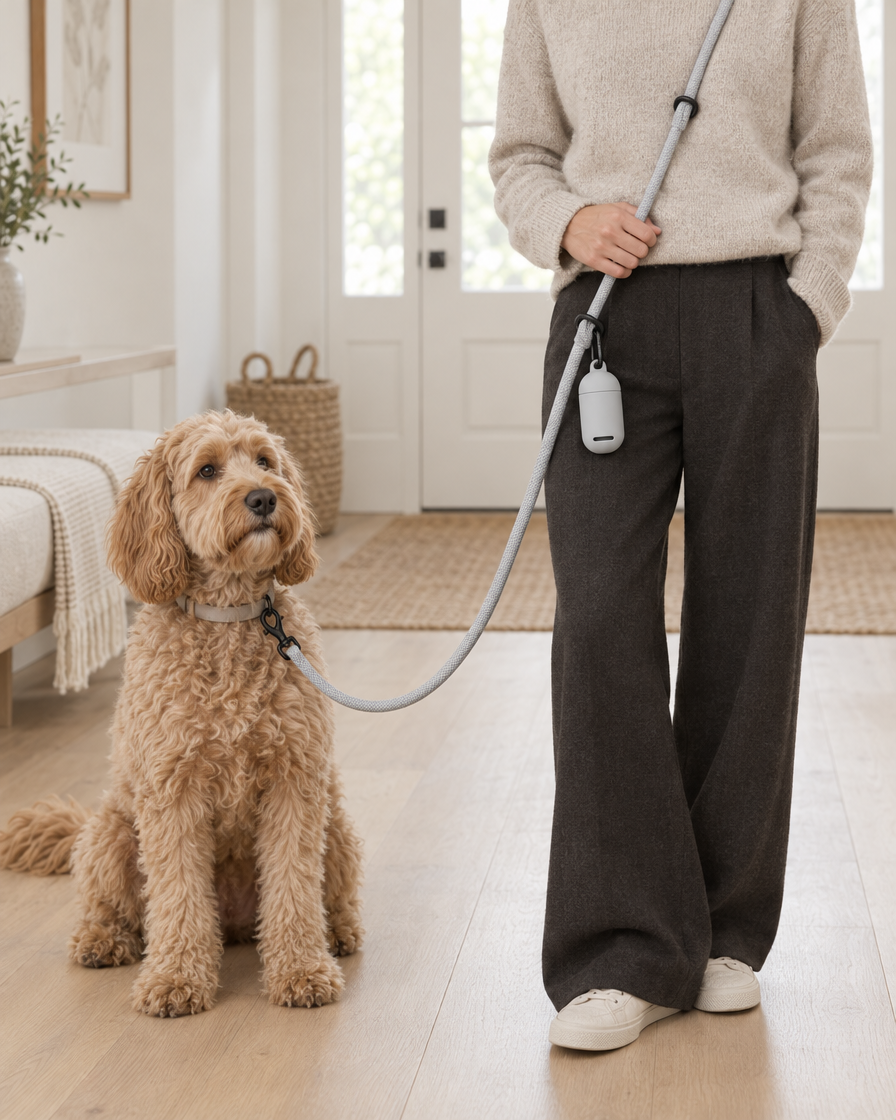 A golden doodle sits in a bright hallway on a light grey rope leash worn across its owner's body, with a small grey pouch clipped to the leash.